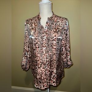 Ruby Rd. Petite Women's 3/4 Sleeve Shiny Pink Leopard Button Up Blouse Size 12P
